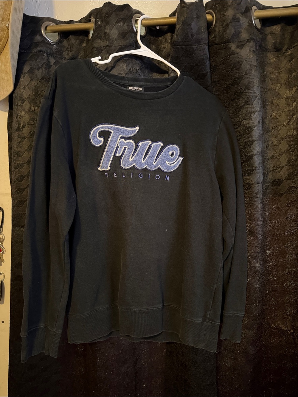 True Religion Black Crewneck with Blue Script Logo
